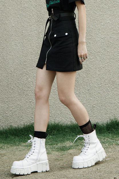 Black High Waist Front Zipper Metal Eyelets Belt Side Pocket Women's Punk Denim Skirt