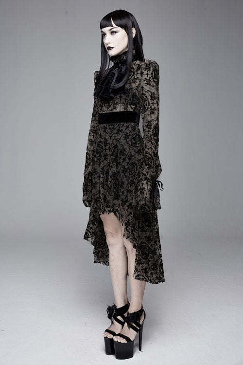 Black Floral Flocking Printed Long Sleeves Velvet With Tie Womens Gothic Dress