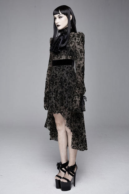 Black Floral Flocking Printed Long Sleeves Velvet With Tie Womens Gothic Dress