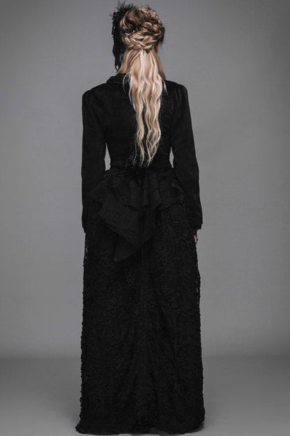 Black Lace Waist Woollen Womens Velvet Short Gothic Jacket With Tail