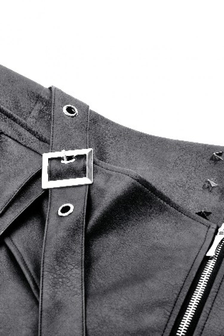 Black Faux Leather Straps Zippered Women's Punk Short Skirt