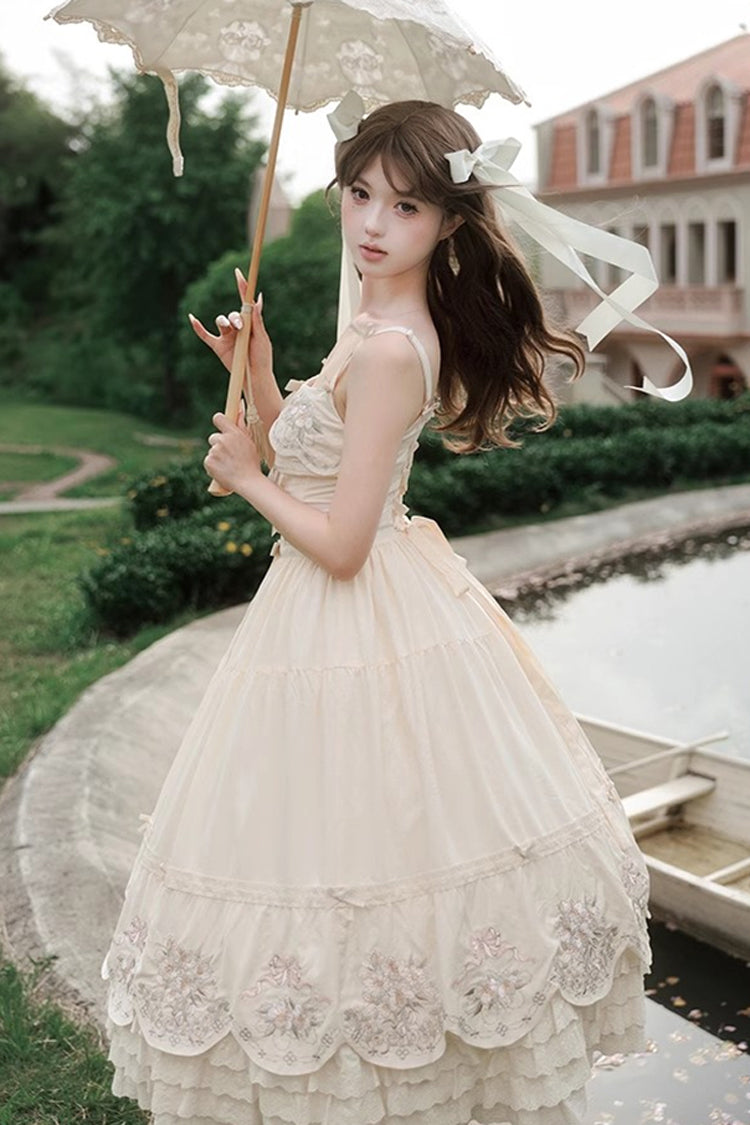 Apricot [Fantasy Butterfly] Triple-Layered Ruffle Embroidery Bowknot Lace Sweet Princess Lolita Jsk Dress