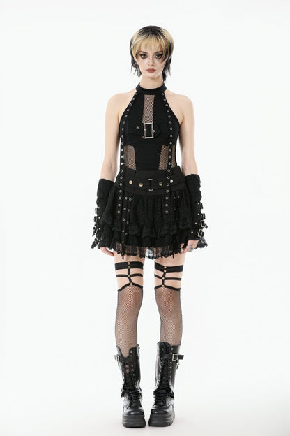 Black Off Shoulder Halterneck Sleeveless Mesh Eyelet Strap Women's Punk Top