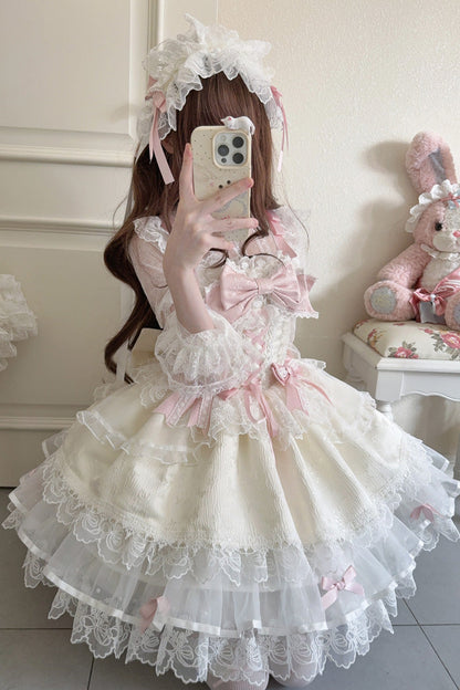 Apricot [Fleishi Island] Sleeveless Ruffle Bowknot Lace Slim Sweet Ballet Lolita Jsk Dress