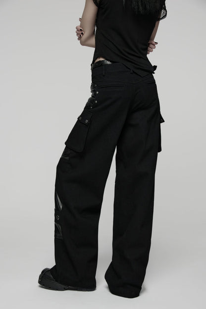 Black Lace Lace-Up Buckled Women's Big Pocket Punk Pants