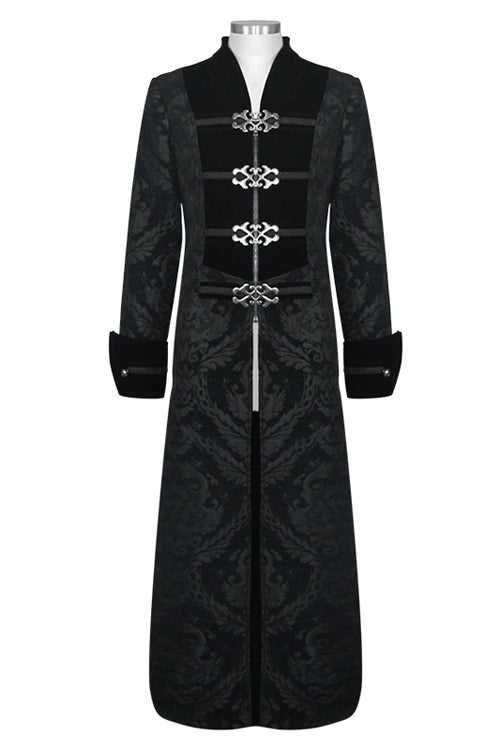 Black Gothic Patterned Metal Buttons Mens Velveteen Long Coat