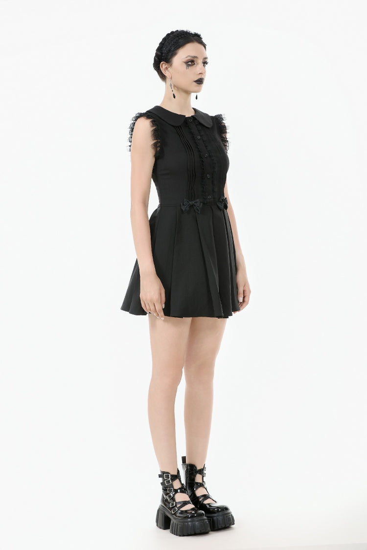 Black Peter Pan Collar Sleeveless Bowknot Pleated Women's Gothic Graduation Dress