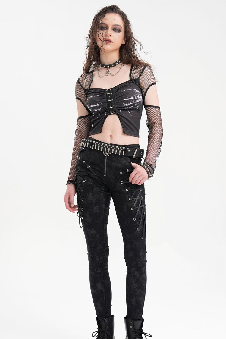 Black Long Sleeves Hollow Mesh Ripped Women's Punk Corset
