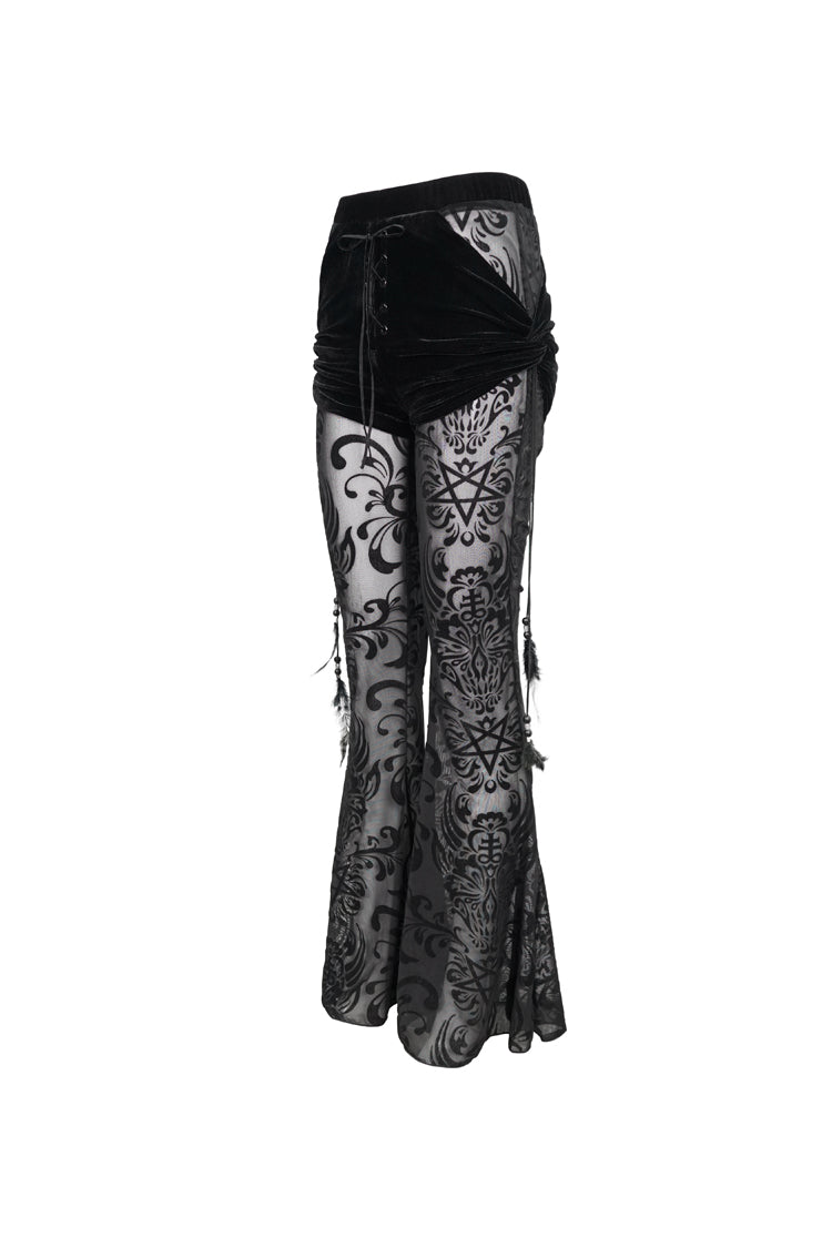 Black Flocking Mesh Side Hanging Feather Pendant Fake Two-Piece Long Women's Gothic Flared Pants