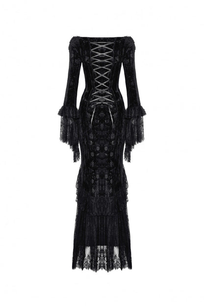 Black Off Shoulder Lace Long Trumpet Sleeves Lace-Up Women's Gothic Bodycon Dress