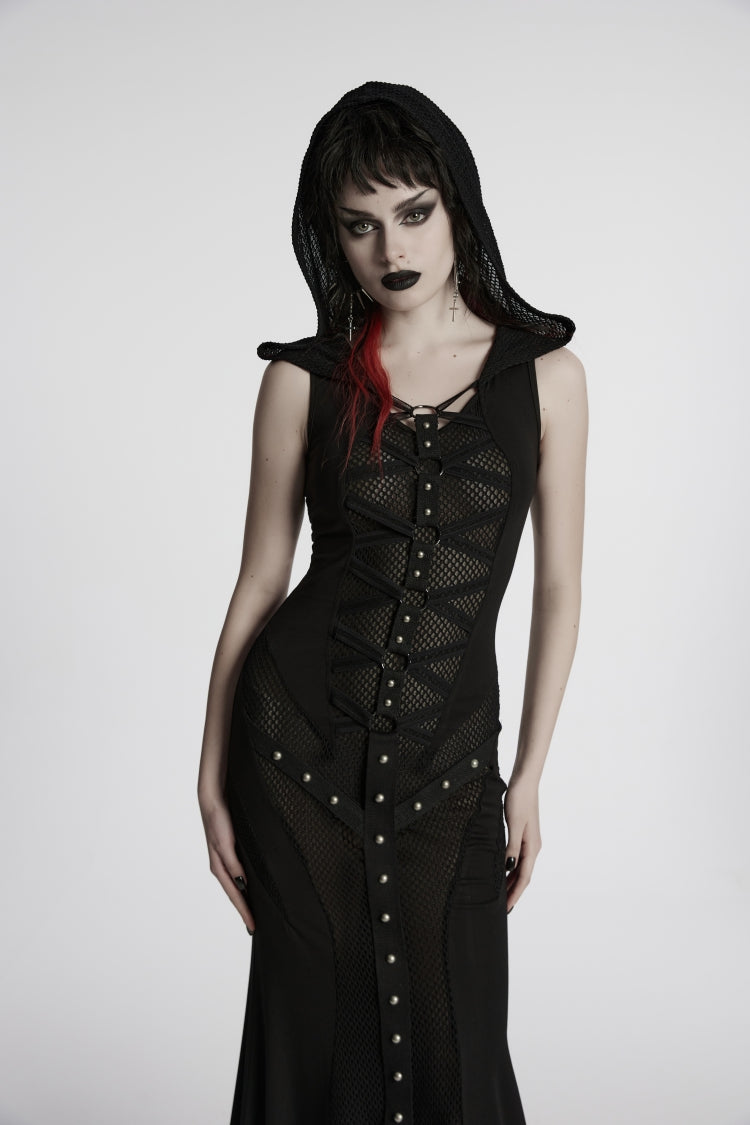 Black Off Shoulder Sleeveless Spliced Lace-Up Slim Mesh Studded Eyelet Women's Punk Dress