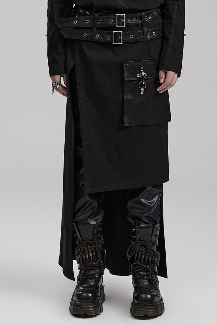 Black Buckle Belt Asymmetric Men's Steampunk Skirt with Side Pockets
