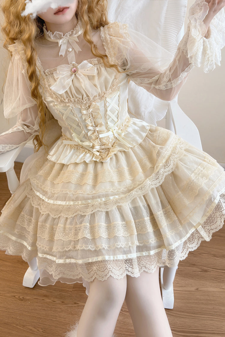 Apricot [Girl Love] Double-Layered Bowknot Lace Sweet Ballet Lolita Skirt Set