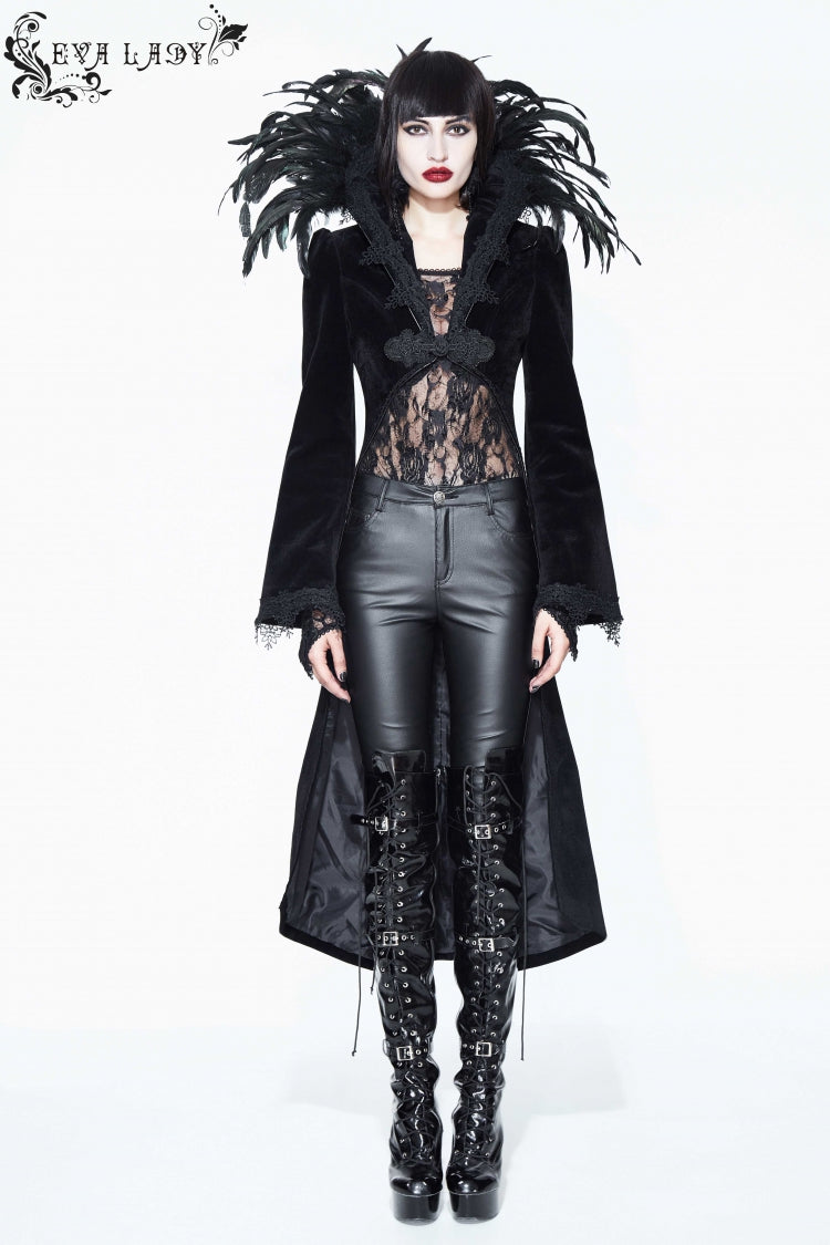 Black Feathered Collar Long Sleeves Bowknot Women's Gothic Tailcoat
