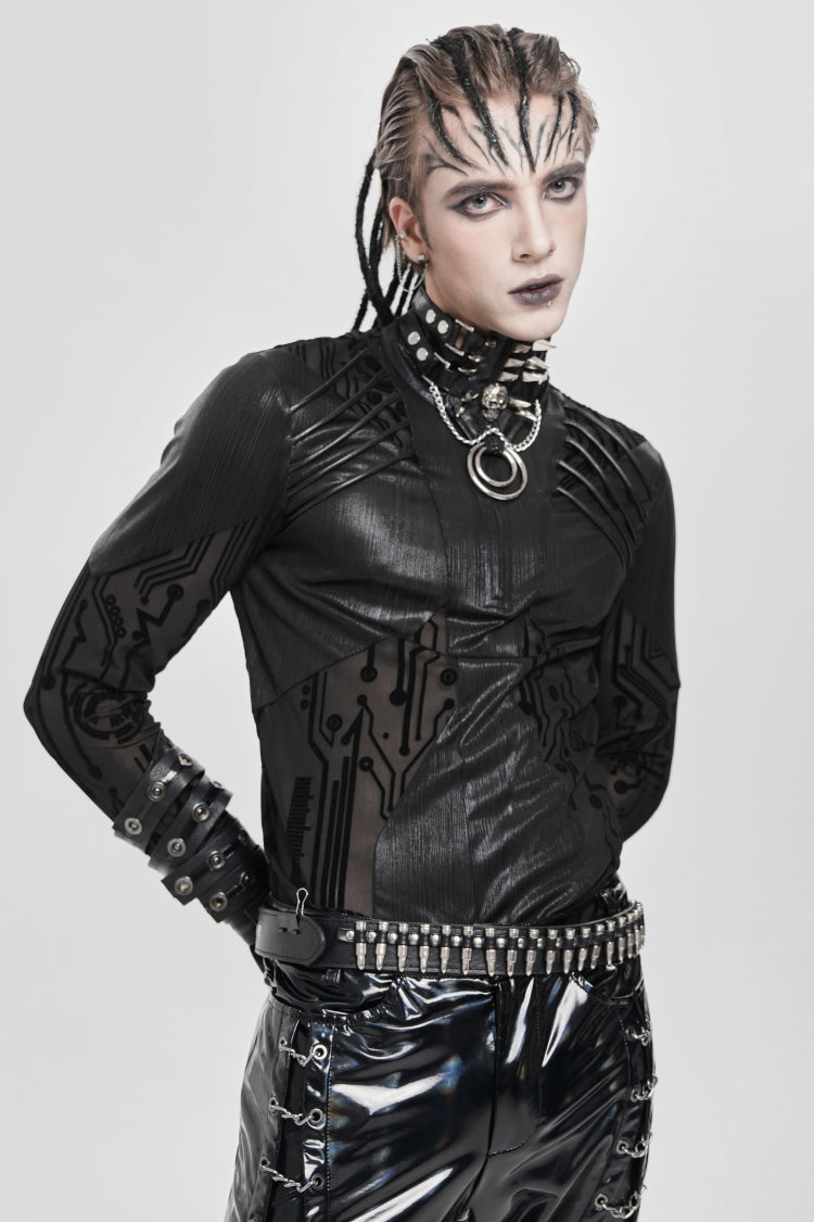 Black Long Sleeves Circuit Board Print Men's Punk Blouse