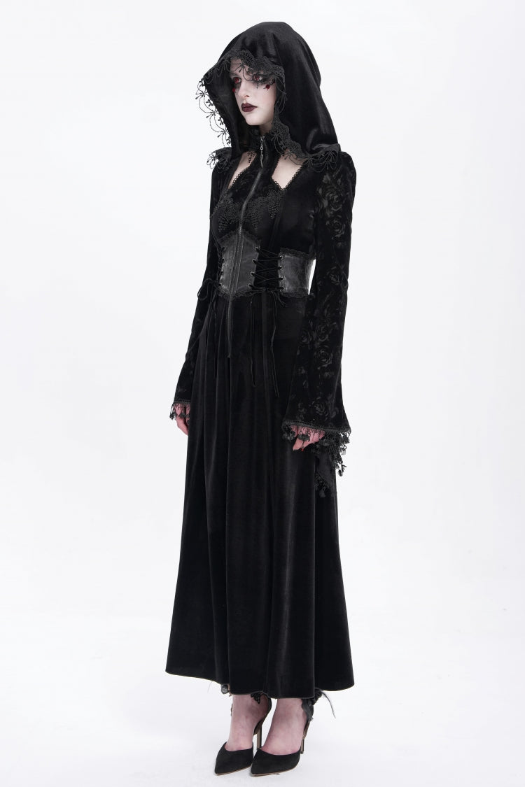 Black Long Sleeves Hollow Embroidery Hooded Ripped Women's Gothic Dress Coat