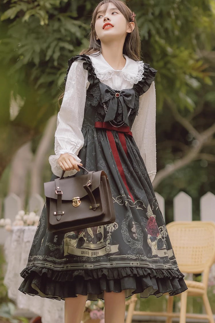 Black Birdcage Rose Print Ruffle Bowknot Gothic Princess Lolita Dress