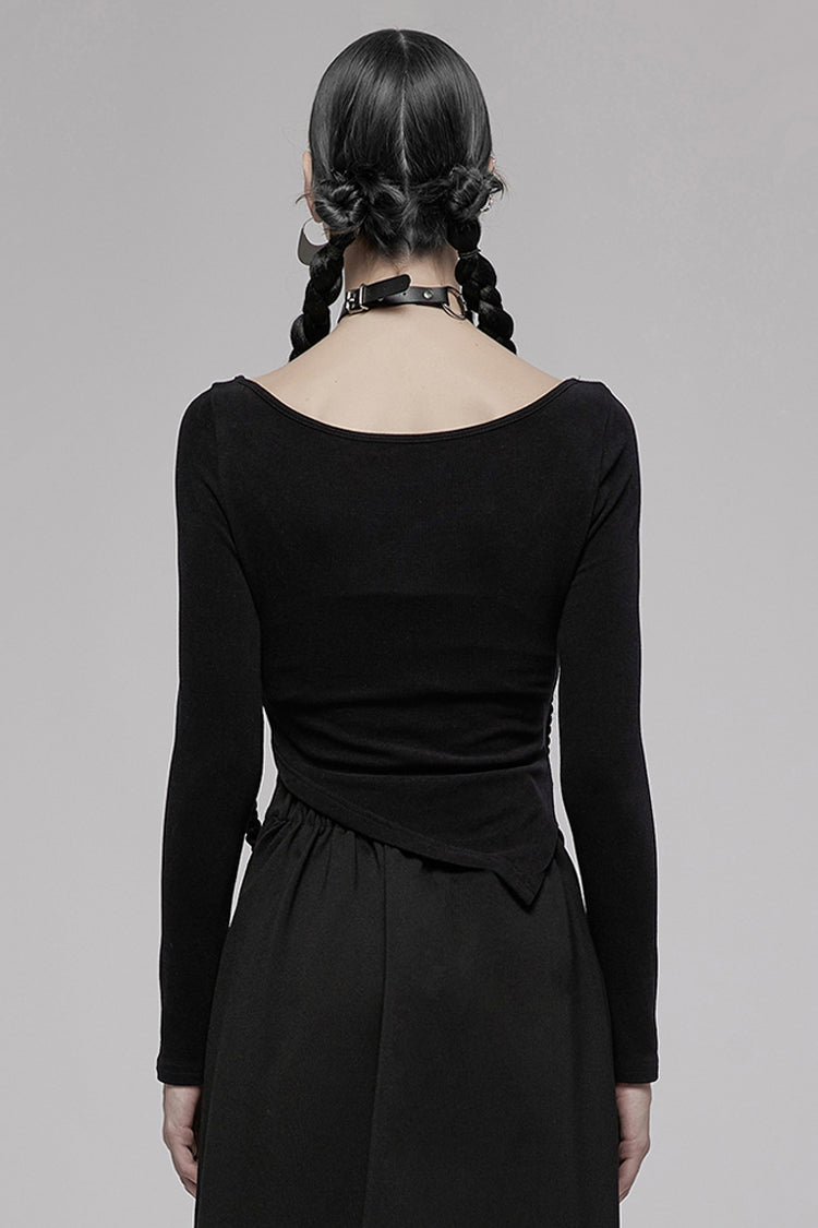 Black Asymmetric Hem Design Sexy Hollow Metal Cross-Chain Decoration Long Sleeve Women's Punk T-Shirt