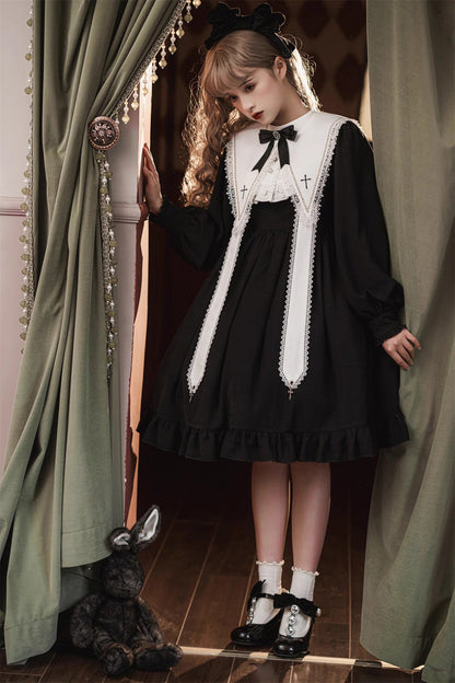 Black Long Sleeves Ruffle Bowknot Classic Gothic Elegant Nun Lolita Dress