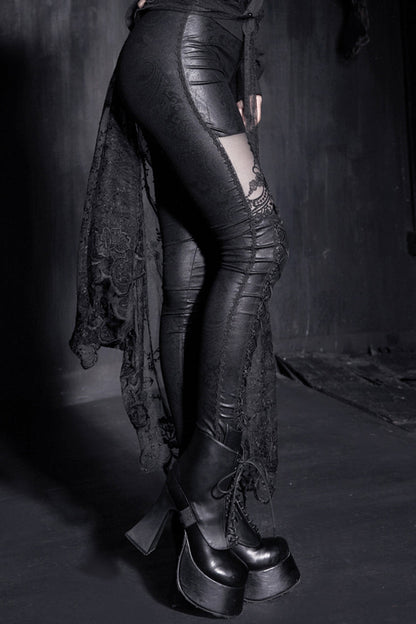 Black Flocking Bind Lace Skinny Women's Gothic Leggings