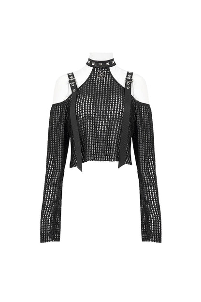 Black Off Shoulder Buckle Sheer Crop Women's Punk Shirt