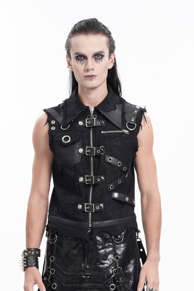 Black Lapel Collar Sleeveless Ripped Buckle Eyelets Men's Gothic Vest