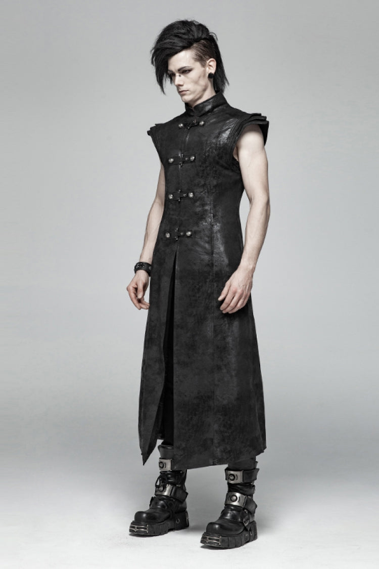 Black Angel's Wings Faux Leather Stand Collar Sleeveless Men's Gothic Vintage Maxi Vest