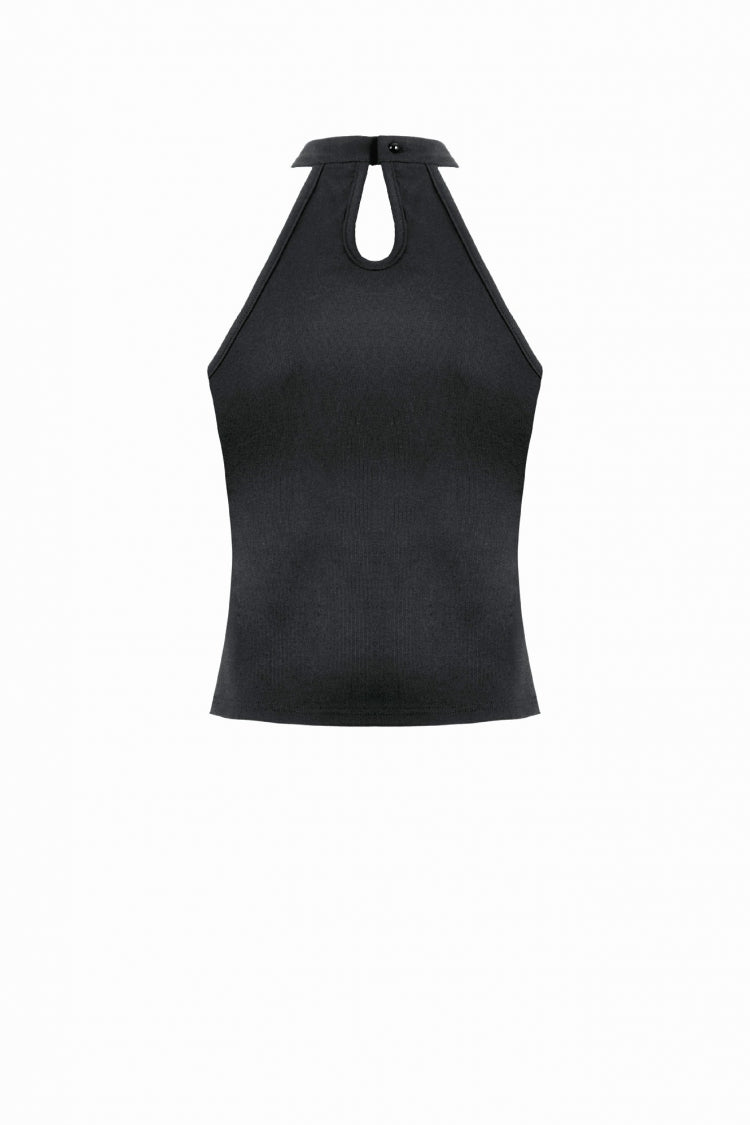 Black Off Shoulder Halterneck Sleeveless Mesh Eyelet Strap Women's Punk Top