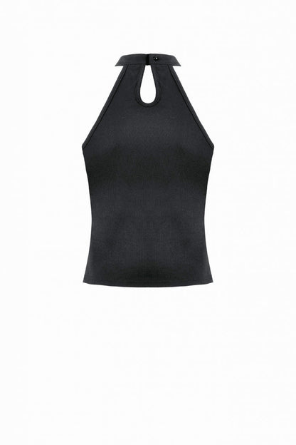 Black Off Shoulder Halterneck Sleeveless Mesh Eyelet Strap Women's Punk Top