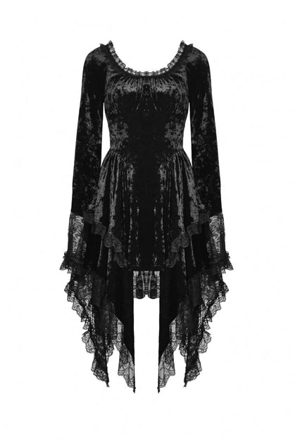 Black Irregular Long Trumpet Sleeves Lace Spliced Women's Gothic Velvet Graduation Dress