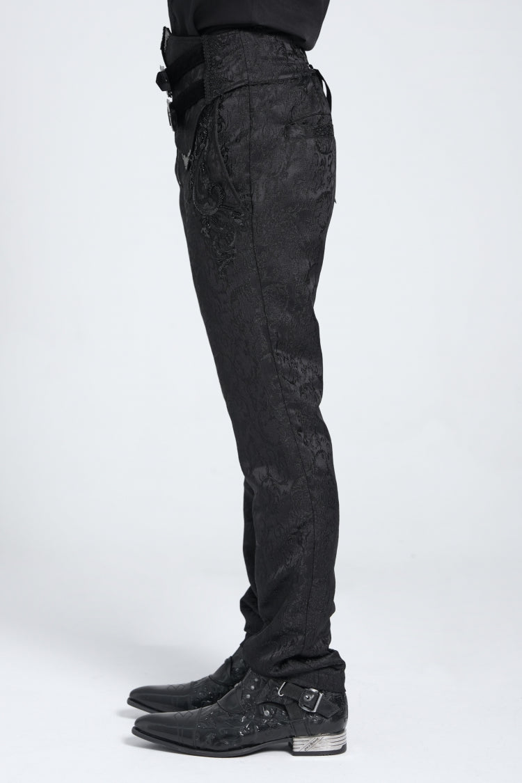 Black Double Buckles High Waisted Embroidery Men's Gothic Suit Pants