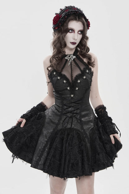 Black Off Shoulder Sleeveless Printed Spliced Lace Lace-Up Pleated Women's Gothic Dress