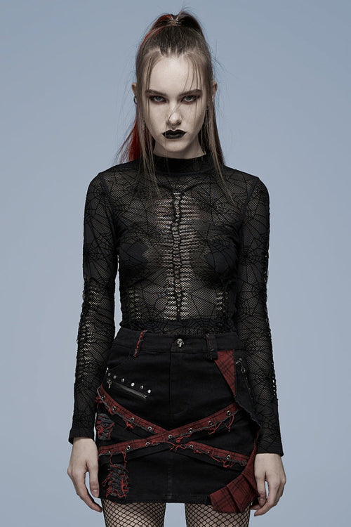 Black Long Sleeves Spider Web Print Hollow Mesh Women's Punk T-Shirt