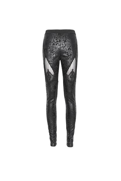 Black Floral Embroidered Mesh Splice Women's Gothic Leggings