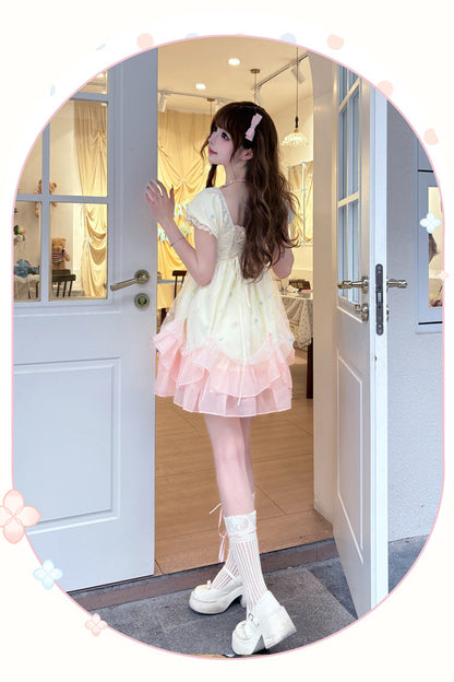 Apricot/Pink [Bubble Lover] Short Puff Sleeves Multi-Layered Ruffle Lace Sweet Princess Lolita Dress