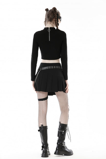 Black Long Sleeves Cut-Out Spliced Mesh Zippered Strappy Eyelet Women's Punk Crop Top