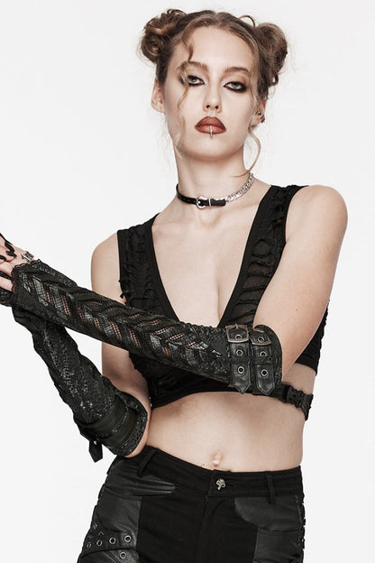 Black Leather Stitching Snake Pattern Lace Mesh Women's Steampunk Arm Sleeves