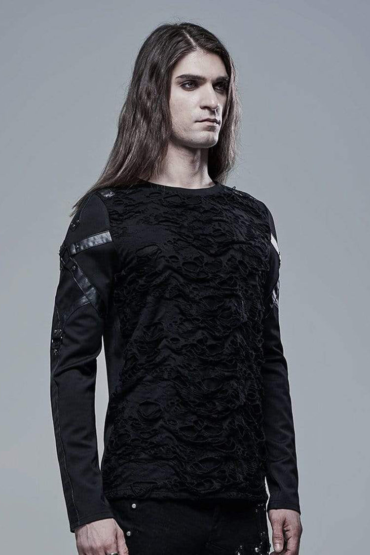 Black Long Sleeve Leather Strap Decoration Broken Holes Knit Men's Punk T-Shirt