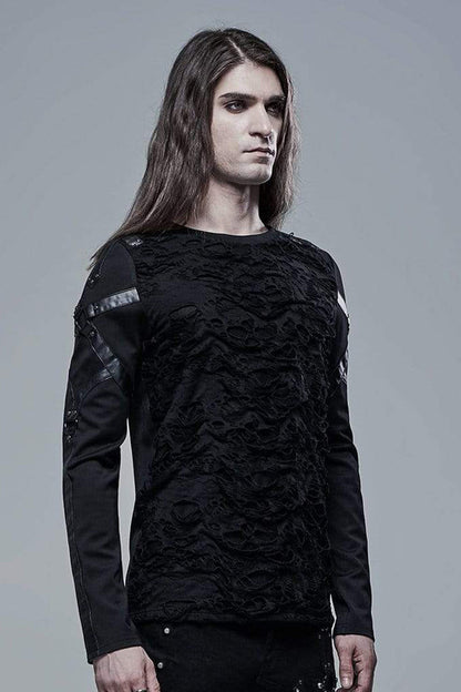 Black Long Sleeve Leather Strap Decoration Broken Holes Knit Men's Punk T-Shirt