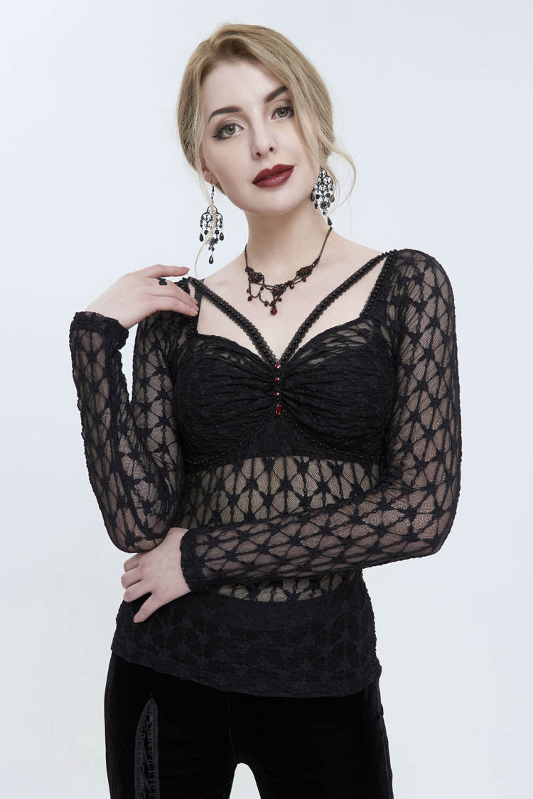 Black Lace Mesh Front Red Diamond Long Sleeve Transparent Women's Punk T-Shirt