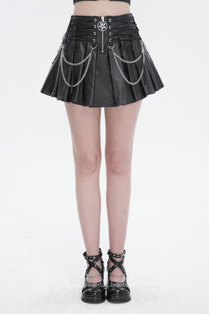 Black Faux Leather Web Eyelet Adjustable String Chain Pleated Women's Gothic Skirt