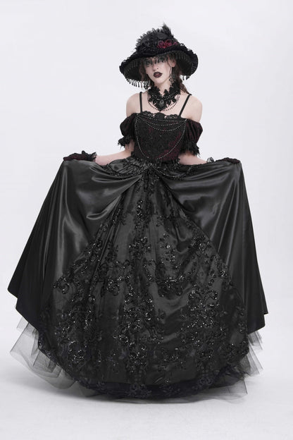 Black Off Shoulder Short Sleeves Jacquard Cardigan Stitching Lace Women's Gothic Dress