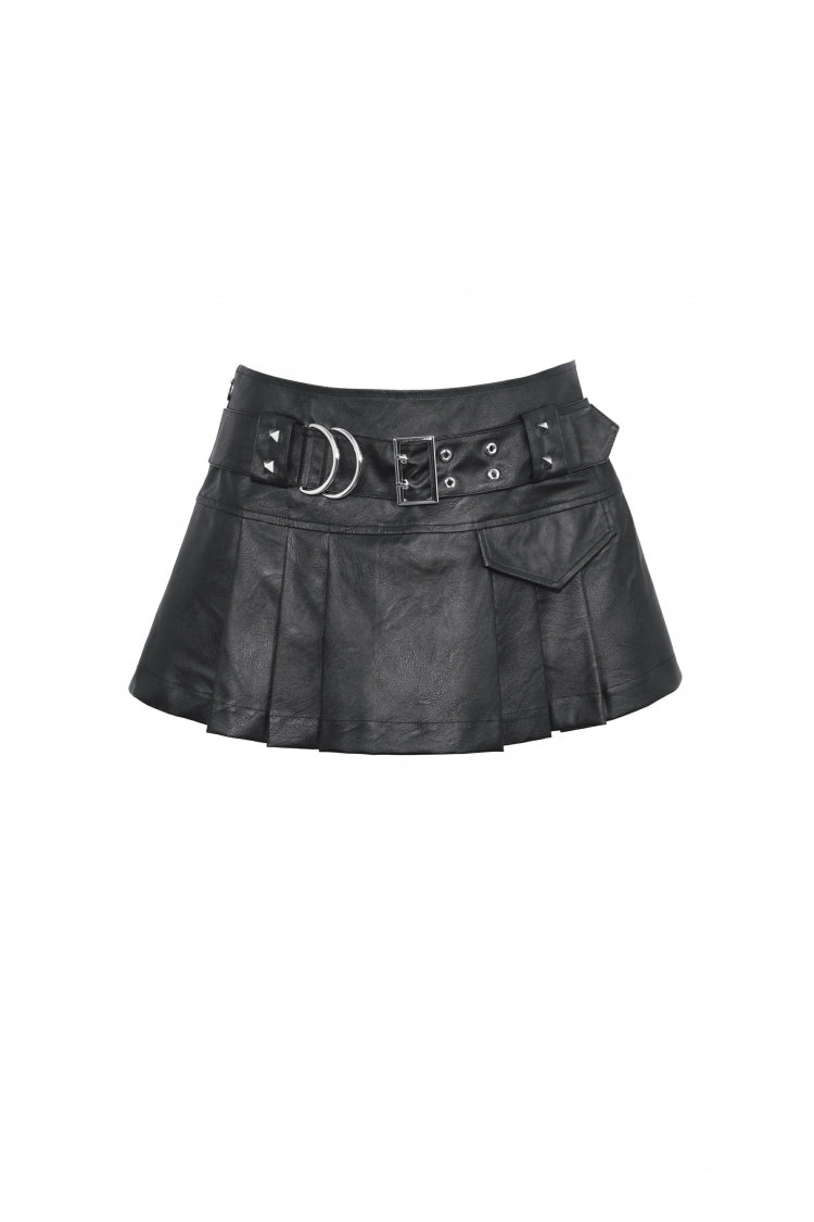 Black Faux Leather Metal Belt Buckled Pleated Women's Punk Mini Skirt