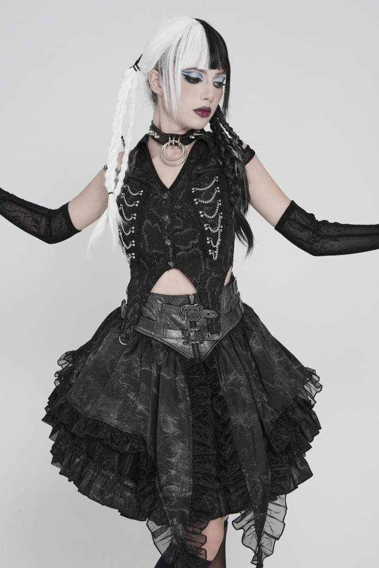 Black Off Shoulder Lace-Up Irregular Chain-Decorated Women's Punk Vest