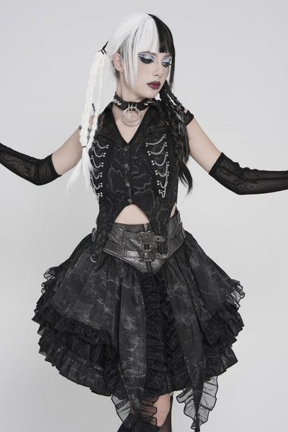 Black Off Shoulder Lace-Up Irregular Chain-Decorated Women's Punk Vest