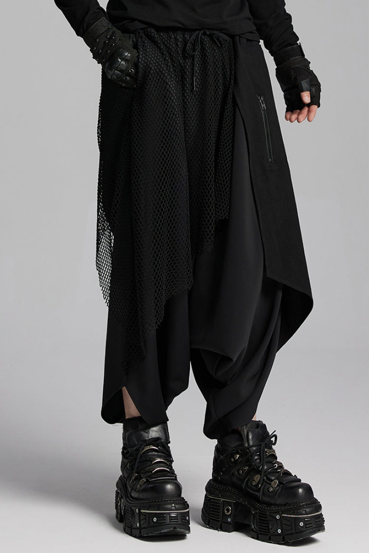 Black Mesh Asymmetric Zipper Men's Punk Pants