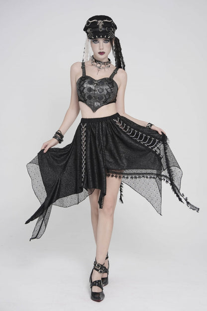 Black Lace Irregular Chain-Decorated Women's Punk Streamer Skirt
