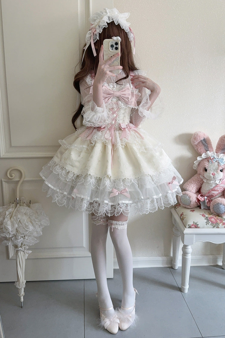 Apricot [Fleishi Island] Sleeveless Ruffle Bowknot Lace Slim Sweet Ballet Lolita Jsk Dress