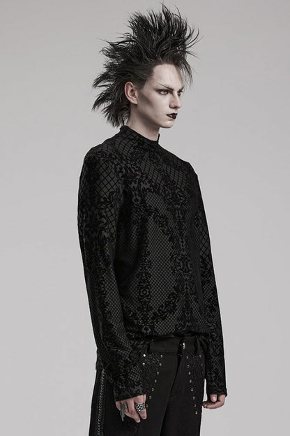 Black High Collar Long Sleeves Flocking Print Mens Gothic T-Shirt