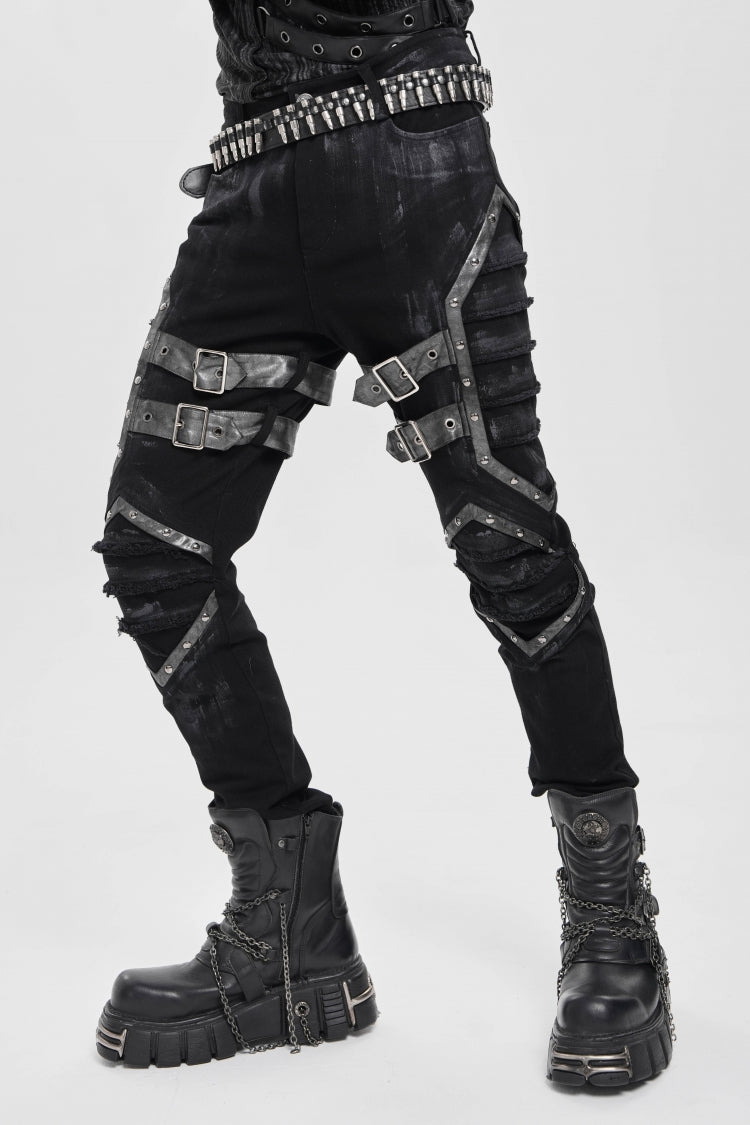 Black Buckle Straps Pleated Men's Punk Pants